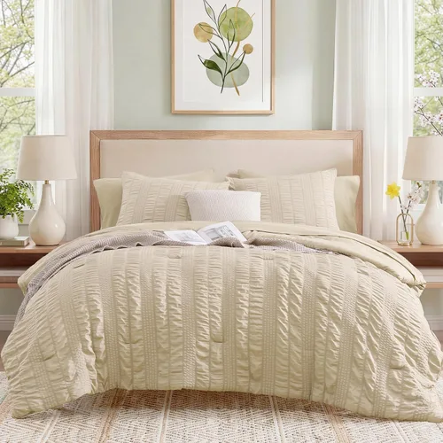 CASAAGUSTO Juego de edredón Twin XL, 5 piezas de cama de seersucker beige en una bolsa, tamaño Twin, suave para todas las estaciones, juegos de ropa