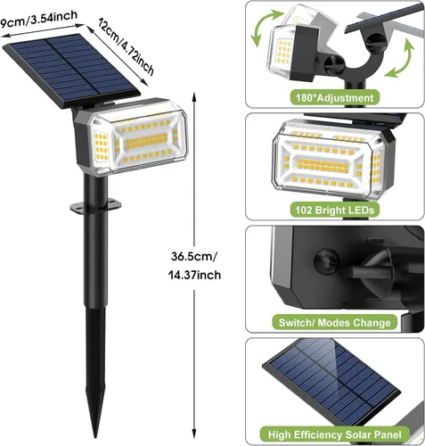 Miniatura 7 de WENATY 102 luces LED solares para exteriores, resistentes al agua, focos solares para exteriores con 4 modos de luz, foco solar de paisaje