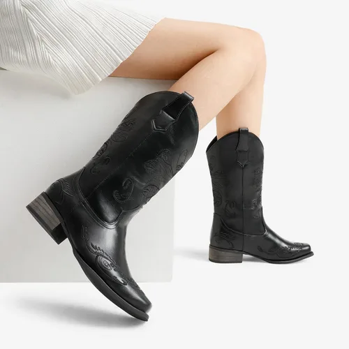 Miniatura 5 de DREAM PAIRS Botas vaqueras de media pantorrilla para mujer, botas vaqueras bordadas cosidas con punta cuadrada, botas occidentales