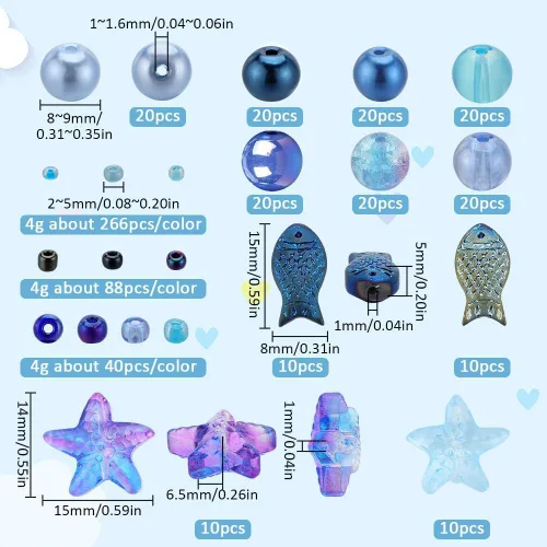 Miniatura 2 de SUNNYCLUE 1 Caja 540 piezas Kit de Cuentas Oceánicas Vidrio Verano Pez Estrella de Mar Dijes Azul Hawaii Animales Marinos Dije Cuentas de Semillas