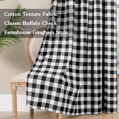 Miniatura 2 de Melodieux Buffalo - Cortinas a cuadros para sala de estar, dormitorio, estilo granja, estilo guingán, con textura de algodón, con bolsillo para Negro