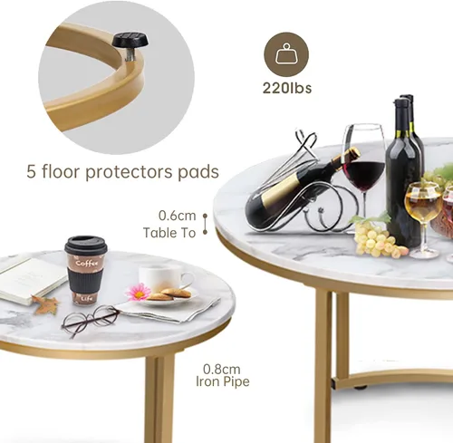 Miniatura 4 de Garden 4 you Mesa auxiliar anidable de mármol blanco sintético para lugares pequeños, 2 juegos de muebles modernos, juegos de sala de estar, mesa