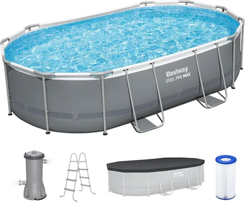 Bestway 56655E Power Steel - Juego de piscina de 16 x 10 x 42 pulgadas, marco ovalado para exteriores sobre el suelo, con bomba de filtro de Gris