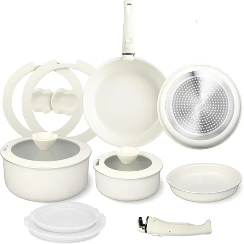 Miniatura 9 de FAB&DELUXE Juego de 11 piezas de utensilios de cocina antiadherentes, ollas y sartenes antiadherentes de aluminio con tapas y asas de madera, Caqui