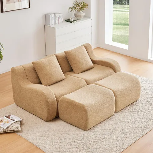 Miniatura 30 de Otomana de tela de peluche negra, moderno reposapiés modular sin hueso en una caja para sala de estar, cómodo diseño de asiento profundo,