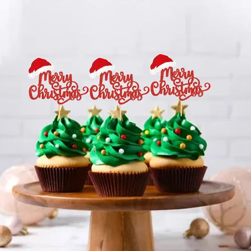 Miniatura 18 de Ercadio Paquete de 25 adornos para cupcakes de Papá Noel y elfo - Sombreros de Papá Noel con purpurina, sombreros de elfo, palillos para cupcakes
