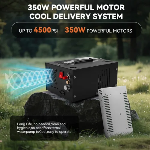 Miniatura 4 de Compresor de aire PCP de 350 W, 4500 Psi/30 Mpa, 12 V CC y 110 V CA, sin aceite/agua, válvula de seguridad de disco de ráfaga, ventilador