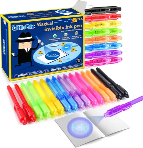 Miniatura 11 de GIFTINBOX Bolígrafo de tinta invisible, 28 unidades de bolígrafo espía con luz UV para niños, recuerdos de fiesta de cumpleaños para niños de 4 a 8