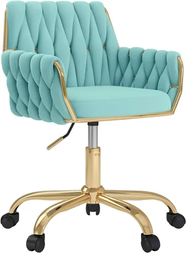 Miniatura 14 de Silla de terciopelo para oficina en casa, moderna silla de tocador de altura ajustable con base dorada y respaldo tejido a mano para dormitorio