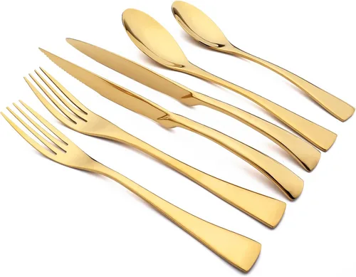 Juego de cubiertos de 24 piezas, espejo de acero inoxidable 18/10, servicio de vajilla de lujo para 4, cuchillo de carne, postre, accesorios para Oro
