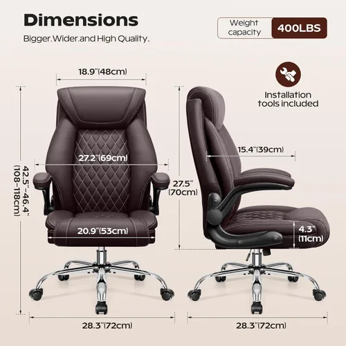 Miniatura 2 de Silla de oficina, Silla de escritorio ergonómica de respaldo alto para oficina en casa, Silla de oficina grande y alta de cuero transpirable con Café
