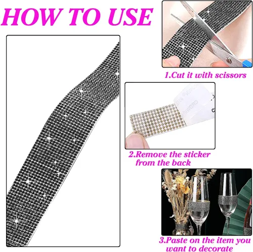 Miniatura 7 de Tiras negras autoadhesivas con diamantes de imitación y cristal, cinta de brillo con diamantes de 2 mm para manualidades artísticas, boda, Navidad