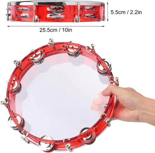 Miniatura 2 de Pandereta ajustable roja de 10 pulgadas, tambor de instrumento de percusión musical con doble jingles de metal, pandereta de mano para adultos