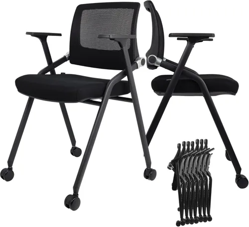 Miniatura 8 de Paquete de 2 sillas de oficina plegables con ruedas, respaldo de malla, brazos y portátiles, sillas de oficina plegables para silla de sala de Negro