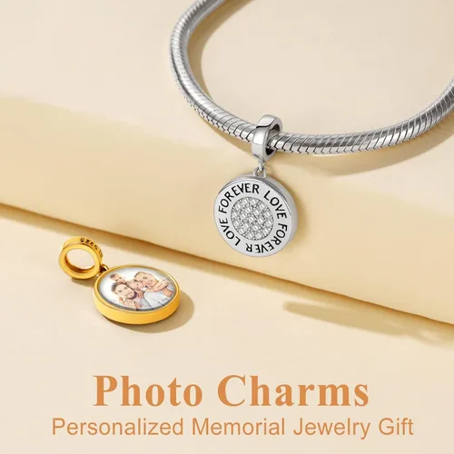 Miniatura 19 de Custom4U Photo Charms for Bracelets 925 Sterling Silver/Gold Plated Heart/Tree of Life/Round Charm Bead Personalized with Picture Custom