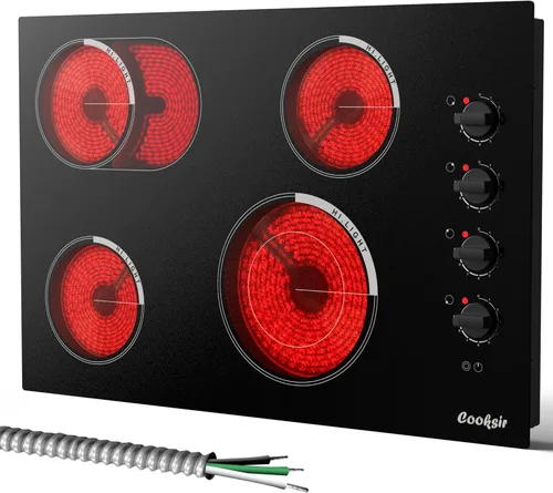 Estufa eléctrica de 29.13 pulgadas, 4 quemadores integrados (29.13 x 19.3 pulgadas), estufa de cerámica de vidrio 6700 W, 30 pulgadas con anillo