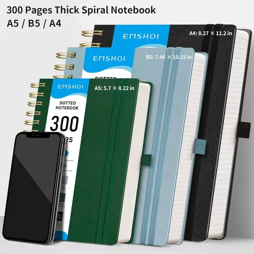 Miniatura 6 de EMSHOI Cuaderno de Espiral con Puntos para Bullet Journal - 300 Páginas, Cuero de Tapa Dura A4, Cuaderno de Cuadrícula de Puntos Gruesos de 100 GSM