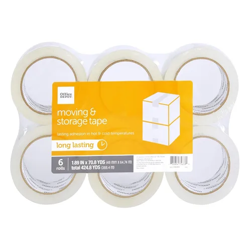 Office Depot Cinta de embalaje para mudanza y almacenamiento, 1.89 pulgadas x 70.8 yardas, transparente, paquete de 6 rollos