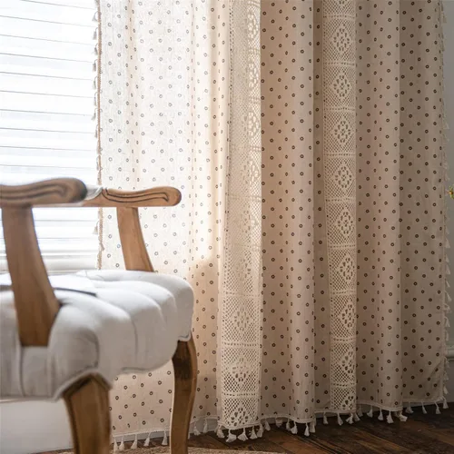 Miniatura 90 de Deeprove Cortinas bohemias para dormitorio, rayas huecas de ganchillo crema y estampado floral, tela de lino de algodón, con borlas beige bohemias