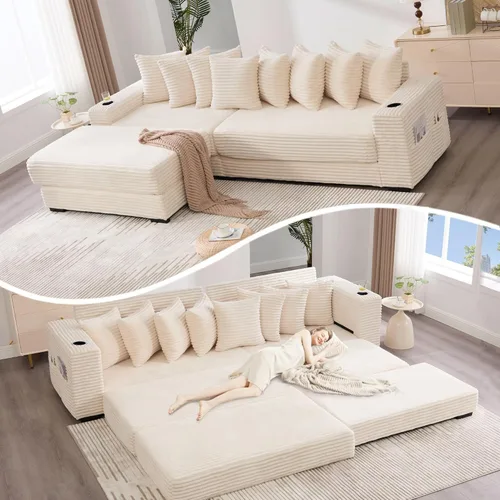Miniatura 10 de Sofá modular moderno de 111 pulgadas, sofá de pana en forma de L con diván izquierdo, salón extra ancho, 8 almohadas, juego de sofá esquinero