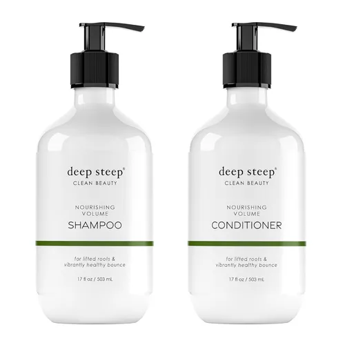Deep Steep Champú y acondicionador nutritivo con volumen, 17 onzas, limpiador suave con aloe, lavanda, algas, proteína de arroz y glicerina, sin