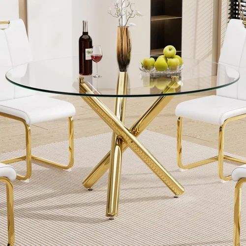 Mesa redonda de cristal para comedor de 4 a 6 personas, moderna parte superior de vidrio templado, patas cromadas resistentes, almohadillas