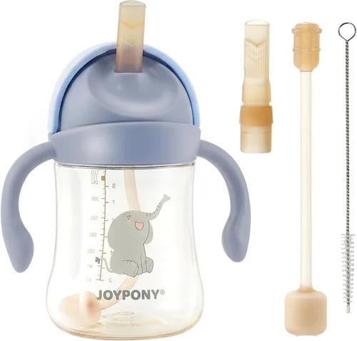 Joypony Vasos para sorber para niños pequeños de 1 a 3 años, vaso con popote con peso a prueba de derrames con asa para bebés de 6 meses en Azul/1