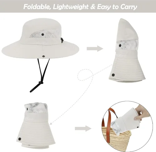 Miniatura 13 de Sombrero de sol de verano para mujer, cola de caballo – Protección UV de malla de ala ancha plegable con agujero para cola de caballo