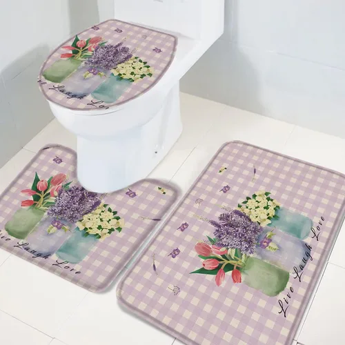 Miniatura 4 de Juego de alfombras de baño de 3 piezas, diseño floral antideslizante, tapete de contorno y tapa de inodoro, tapetes de ducha absorbentes, juego