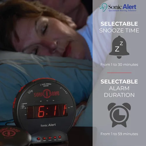 Miniatura 5 de Sonic Bomb - Reloj despertador doble extra fuerte con vibrador de cama, negro Sonic Alert vibrante, para personas de sueño pesado, batería
