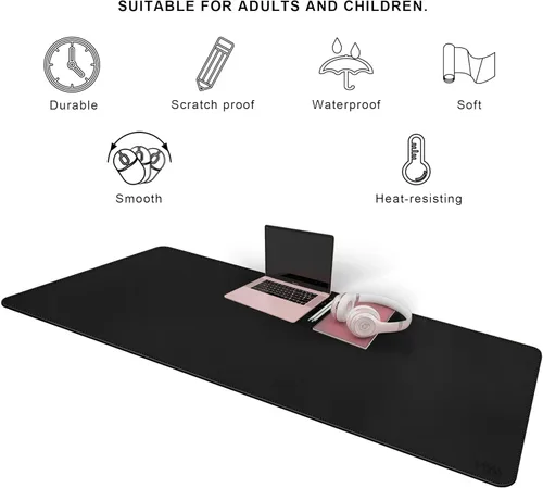 Miniatura 6 de Vyaaa Tapete de cuero para escritorio, 63" x 23.6" pulgadas, protector de escritorio de cuero, impermeable, extra grande, alfombrilla de mouse Negro