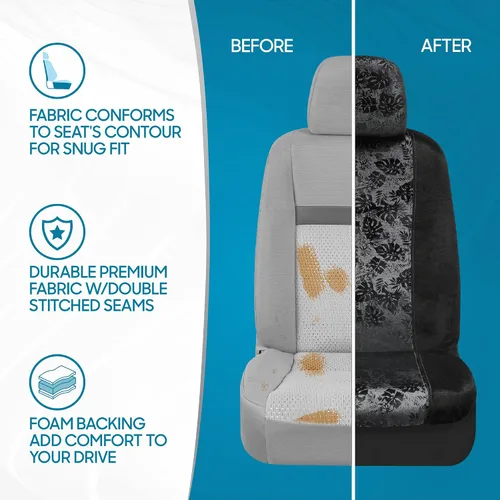 Miniatura 7 de BDK Fundas de asiento de coche Black Maui para asientos delanteros, paquete de 2 – Patrón tropical con reposacabezas a juego, diseño sin laterales