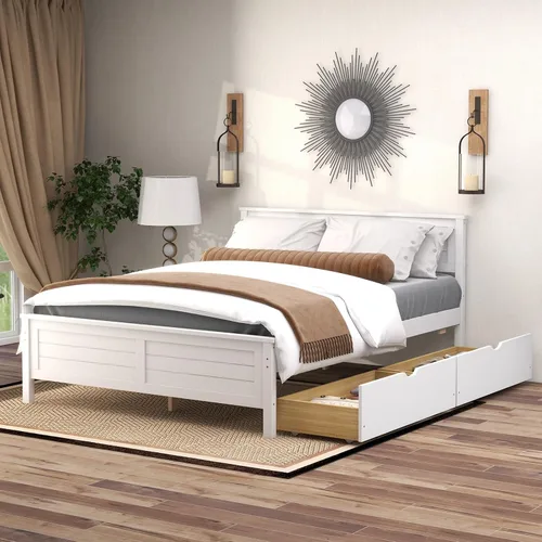 Miniatura 10 de GOFLAME - Base de cama tamaño individual con 2 cajones, base de plataforma con cabecera y estribo de madera maciza, listones de madera para soporte