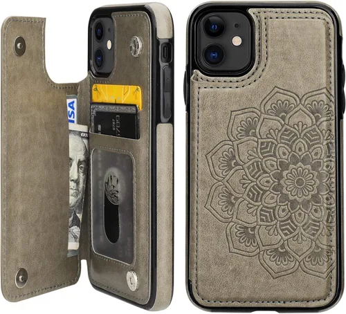 Vaburs Funda compatible con iPhone 11 con tarjetero y diseño de mandala en relieve, piel sintética de alta calidad, doble botones magnéticos, a Gris