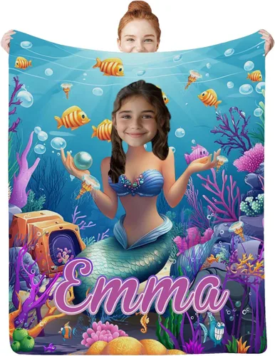 Miniatura 19 de Regalos de Sirena para Niñas, Manta de Bebé Personalizada Pequeña Sirena con Nombre y Foto para Recién Nacidos, Mantas de Regalo Personalizadas