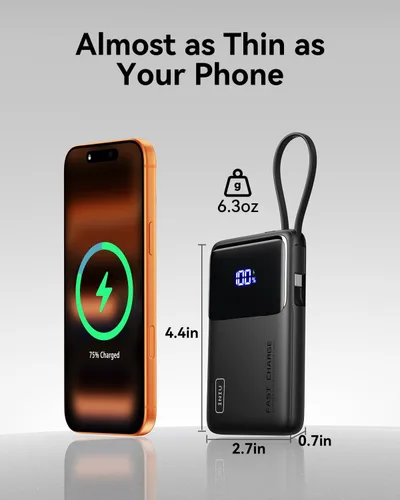 Miniatura 2 de INIU Banco de energía de 45 W, cargador portátil más delgado de 10000 mAh con cable USB-C integrado, batería de entrada y salida USB C de carga Negro