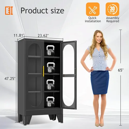 Miniatura 2 de PAOFIN Vitrina de Exhibición con Cerradura de 47" de Alto con Puerta de Vidrio, Gabinetes de Metal con 3 Estantes Ajustables, Gabinete Vitrina
