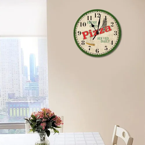 Miniatura 4 de Reloj redondo para pizza, para sala de estar, cuarzo, de madera, redondo, silencioso, de 10 x 10 pulgadas, reloj de madera retro para escuela