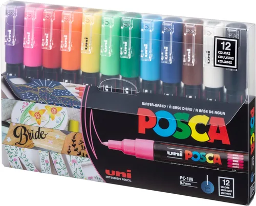 uni Posca PC1M12C - Juego de 12 marcadores de pintura acrílica de punta extra fina para colorear regalos, tela, metal, vidrio, rocas, madera y