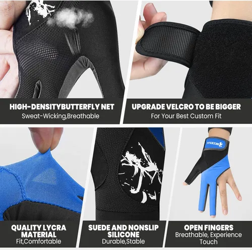 Miniatura 4 de YFY Guantes de billar para mano izquierda con 3 dedos, proceso de empalme, guantes deportivos de billar para hombres y mujeres Azul