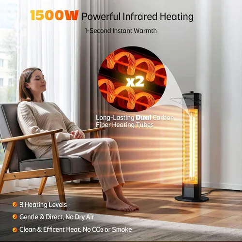 Miniatura 2 de Calentador eléctrico para patio al aire libre, calentador de torre infrarrojo de 34 pulgadas de 1500 W con calentamiento instantáneo, protección 34