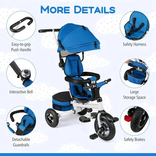 Miniatura 8 de Costzon - Triciclo, 5 en 1 para niños pequeños con mango de empuje plegable, asiento giratorio, rueda EVA, dosel ajustable, canasta de Azul