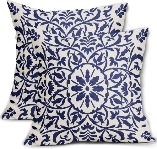 Juego de 2 fundas de almohada étnicas bohemias de color azul marino de 18 x 18 pulgadas, estilo bohemio vintage, estampado de flores azul marino,