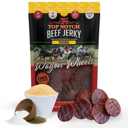 Miniatura 23 de Top Notch Wagon Wheels Jerky – Snacks altos en proteínas para niños y adultos hechos de carne de res criada localmente – Rondas sabrosas de carne
