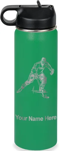 Miniatura 37 de LaserGram Botella de agua personalizada, jugador de hockey, acero inoxidable de doble pared aislada al vacío con popote superior, regalo grabado