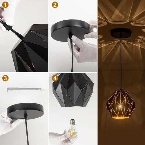 Miniatura 7 de Lámpara colgante industrial vintage negra de 7.9 pulgadas Geometric Diamond Ceiling Hanging Light Fixture, Metal E26 Pendant Lamp for Kitchen
