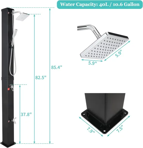 Miniatura 6 de VINGLI Ducha solar con calefacción de 10.6 galones y 7.5 pies con cabezal de ducha, cabezal de ducha de mano y grifo de ducha de pies para piscina
