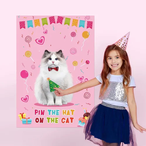Miniatura 3 de Juego de fiesta de Hooqict Pin The Hat On The Cat para gatos, juegos de fiesta de cumpleaños de gato para niños, suministros de fiesta de cumpleaños