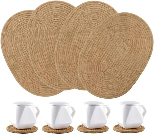 Miniatura 23 de Paquete de 4 manteles individuales de tejido ovalado y juego de 4 posavasos redondos de tela, manteles resistentes al calor, antideslizantes, Negro
