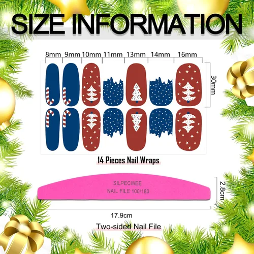 Miniatura 5 de 20 hojas de calcomanías de esmalte de uñas de Navidad, envolturas completas para mujeres, tiras de gel autoadhesivas de manicura con lima de uñas